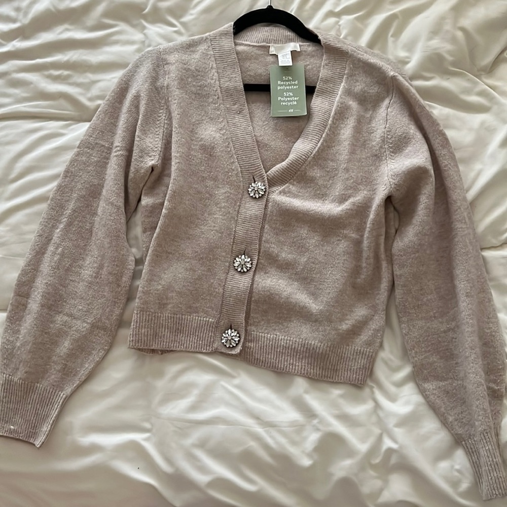 NWT H&M TAUPE Rhinestone button knit cardigan